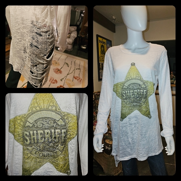 RARE ONE OF A KIND GO COUTURE LONG SLEEVE SHERIFF COUNTY SHIRT WITH DISTRESSING - Picture 2 of 10